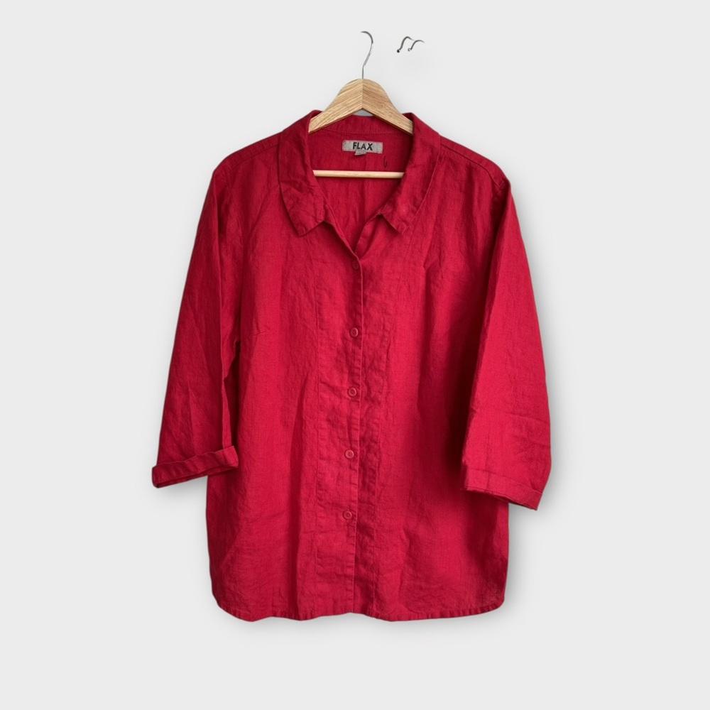 FLAX Linen Button-Up Shirt – 3/4 Sleeve, Cherry Red, L